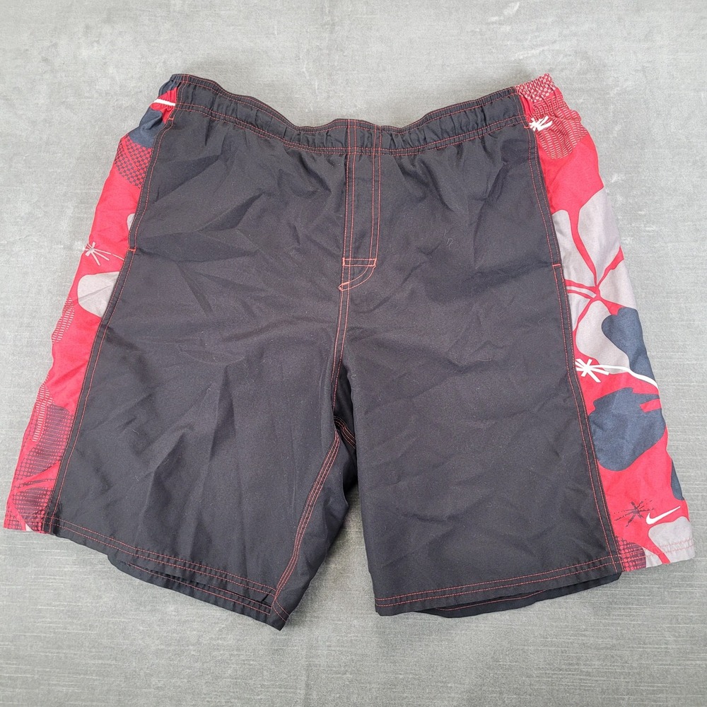 Nike Mens Board Shorts Black Red Hibiscus Floral Print Swim Trunks Lined Large